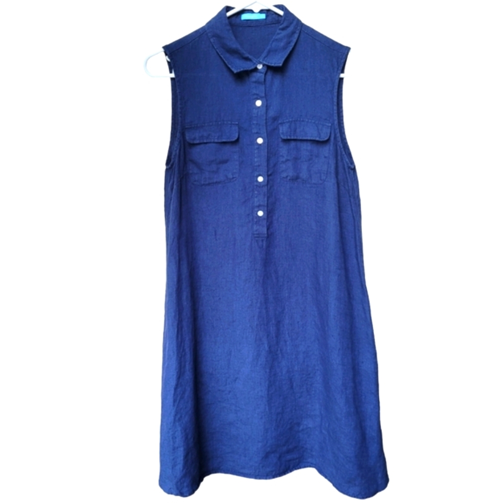 J.McLaughlin 100% Linen Sleeveless Shirt Dress Blue Pockets Size S